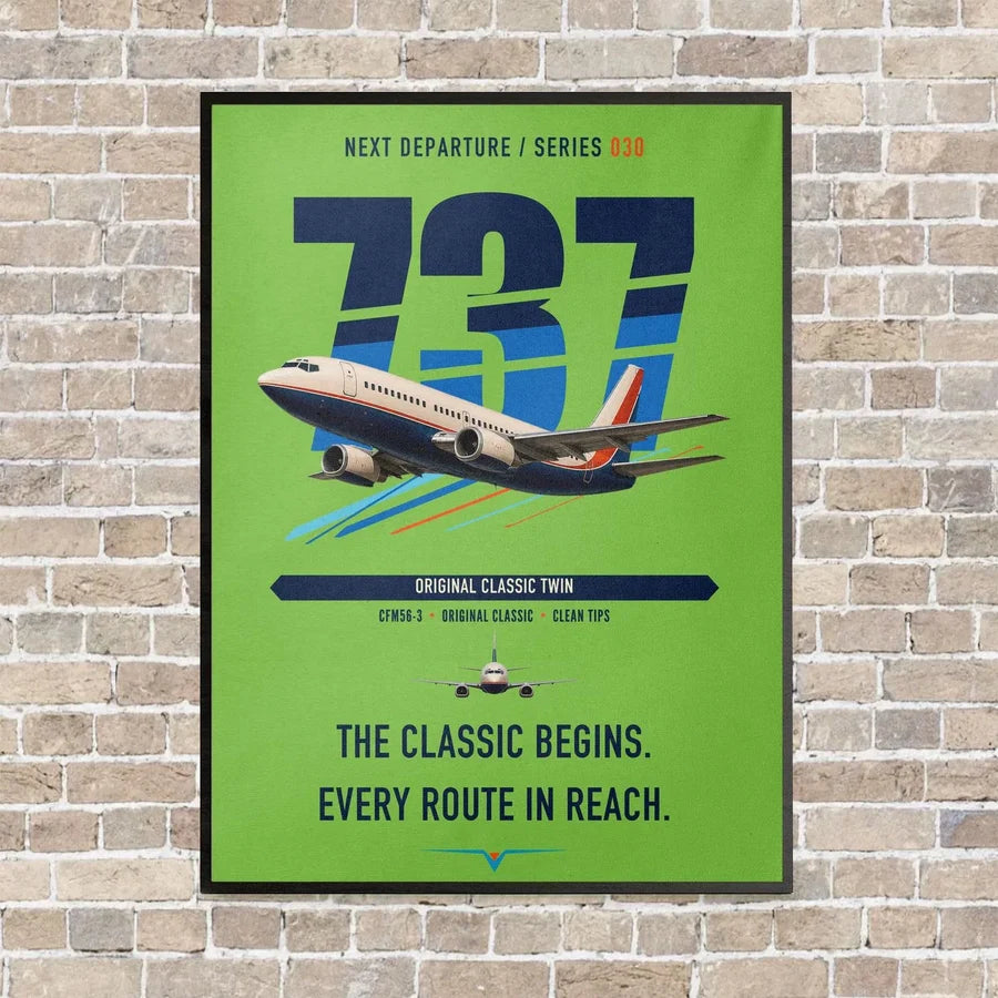 Boeing 737-300 Classic vertical canvas print - framed - light green background