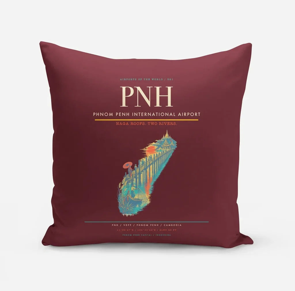 Phnom Penh International Airport (PNH) design on dark red pillow