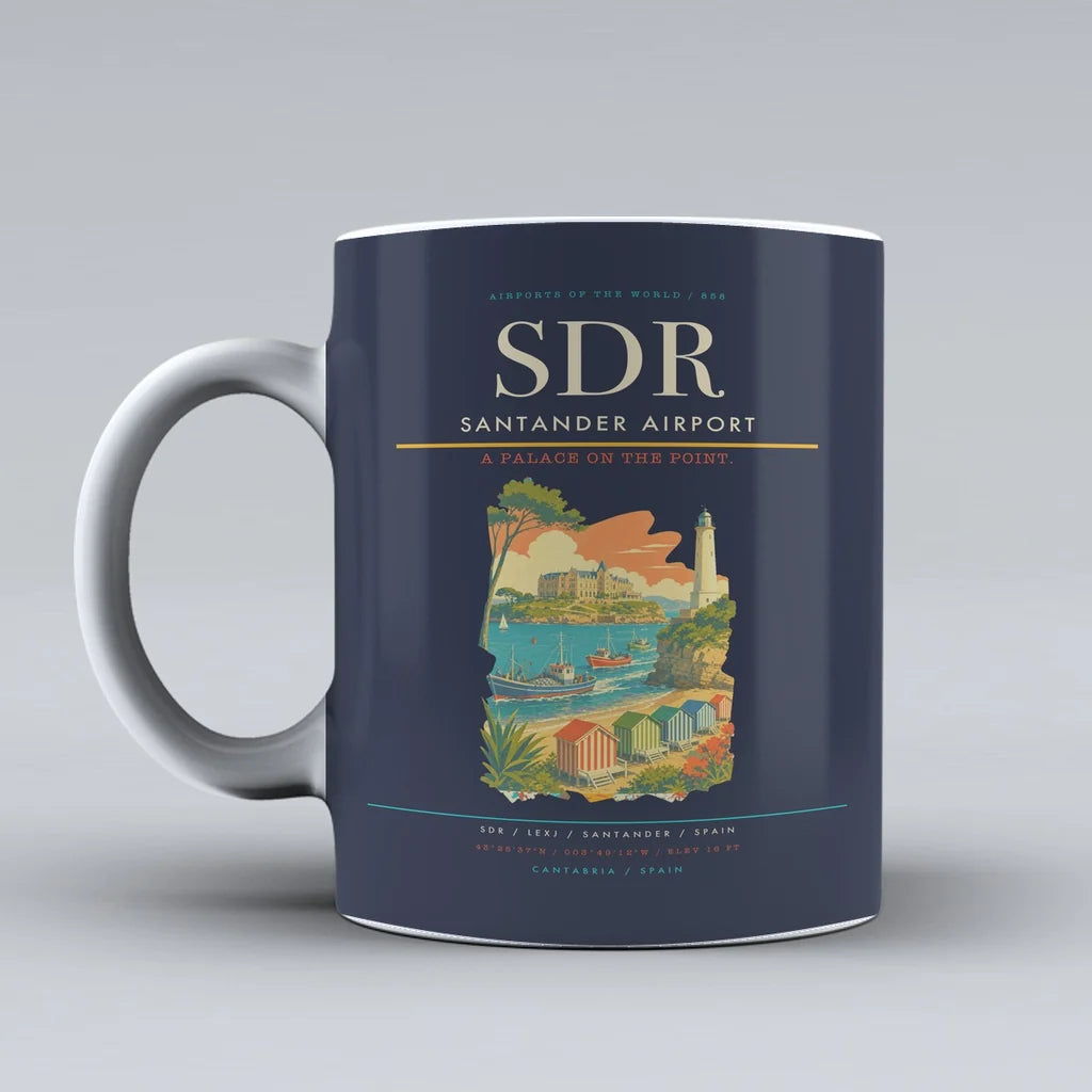 Santander Airport (SDR) airport code design on dark blue ceramic mug