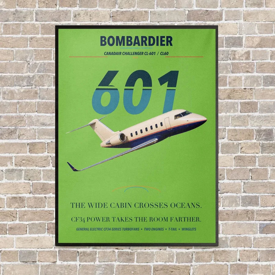 Bombardier Challenger 601 vertical canvas print - framed - light green background