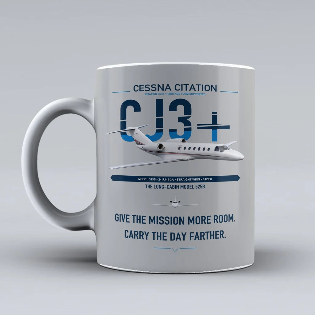 Cessna Citation CJ3+ design on light gray ceramic mug, double-side print