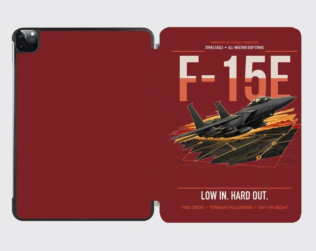F-15E Strike Eagle design on dark red ipad tablet case