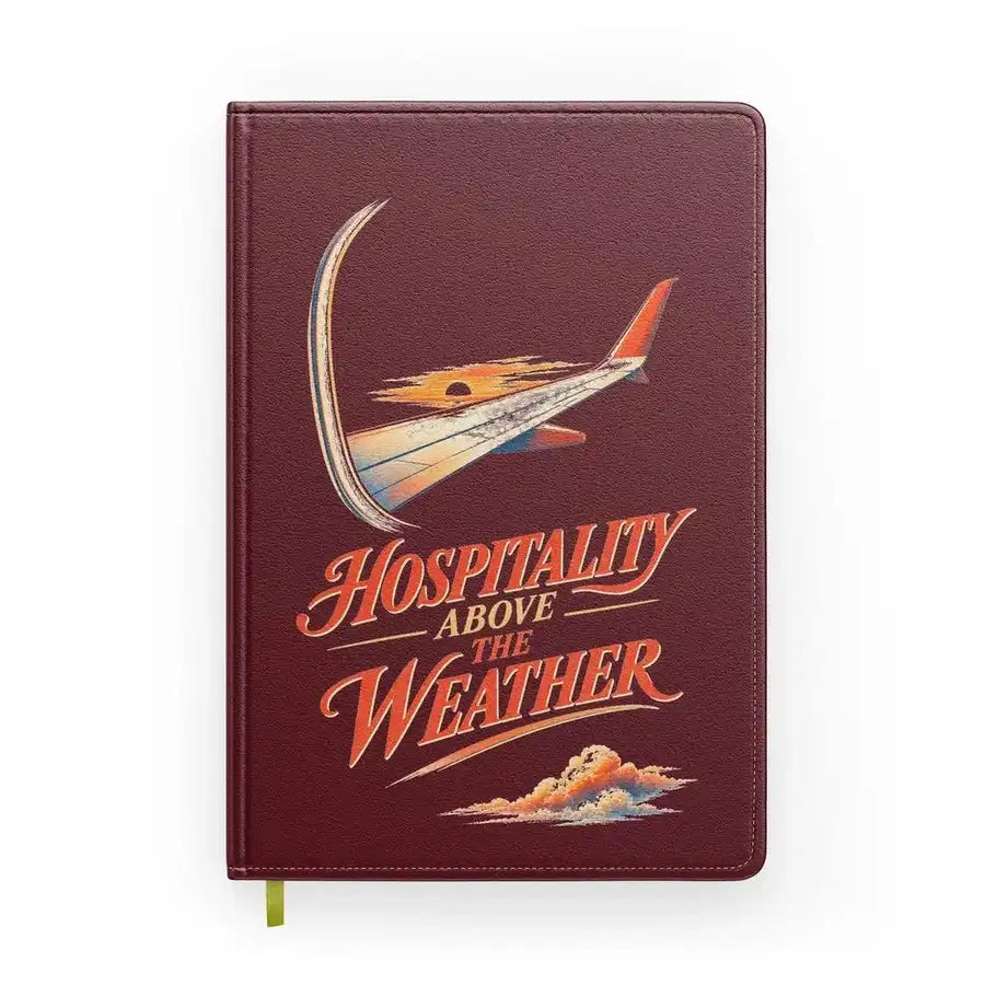 Hospitality Above The Weather design on dark red notebook