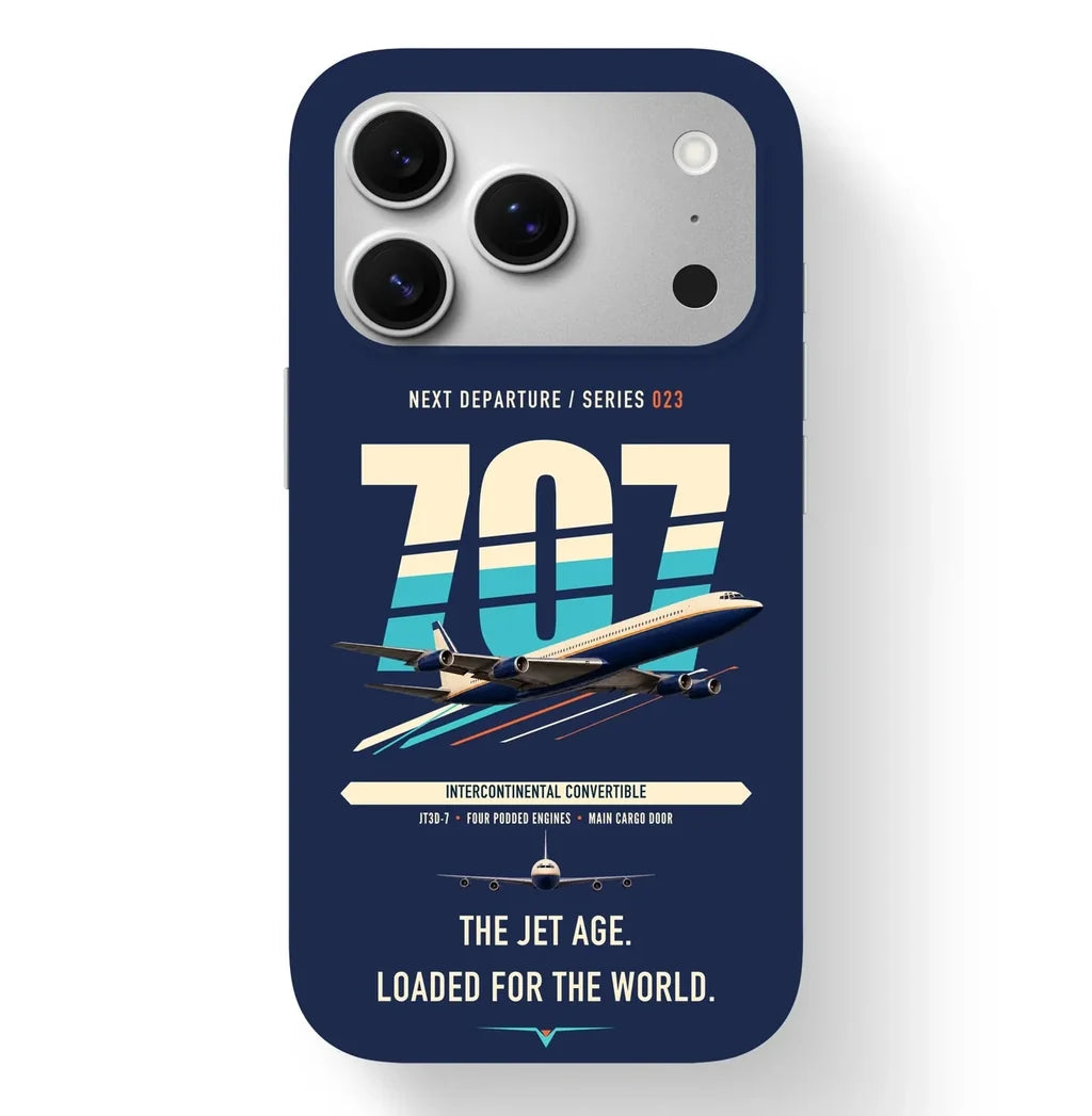 Boeing 707-320C design on navy blue magsafe iphone case