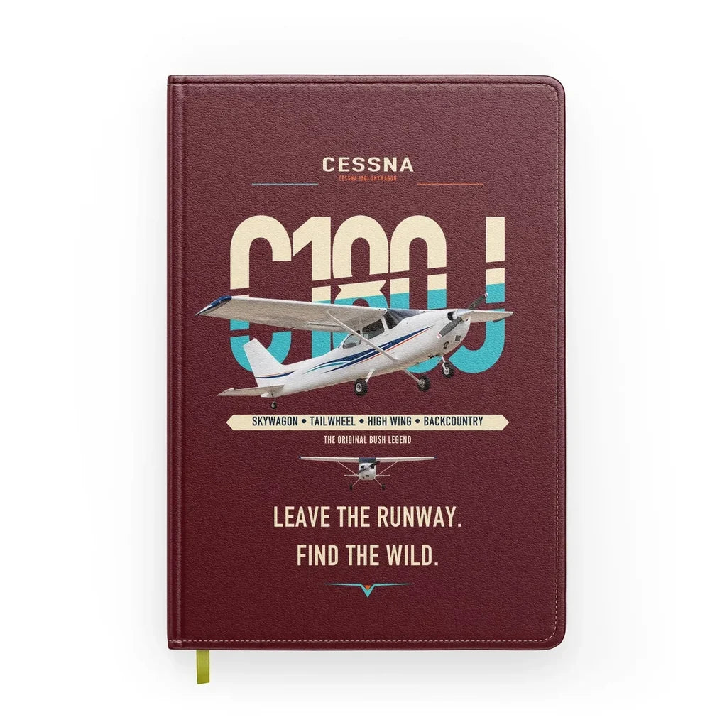 Cessna 180J Skywagon design on dark red notebook