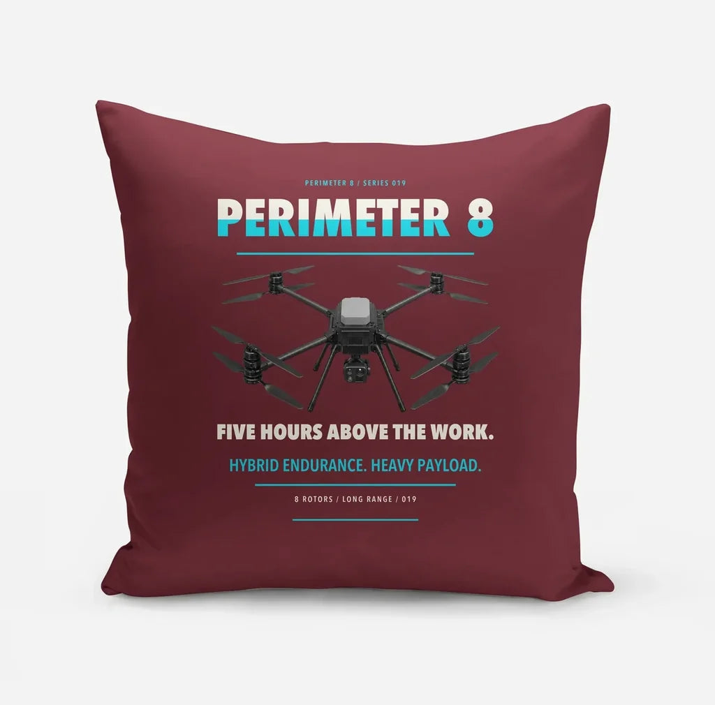 Skyfront Perimeter 8 design on dark red pillow
