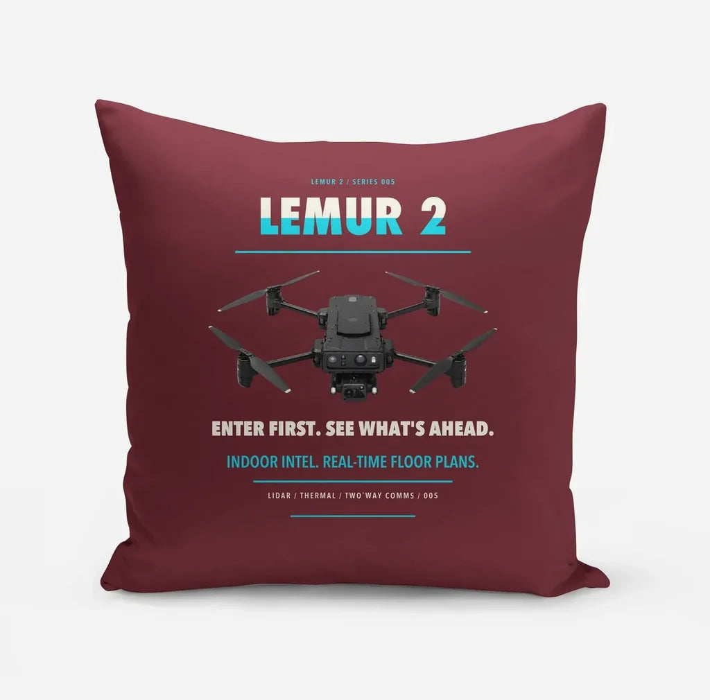 BRINC LEMUR 2 design on dark red pillow