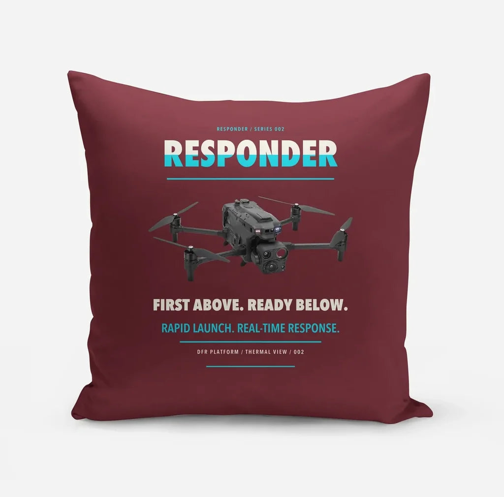 BRINC Responder design on dark red pillow