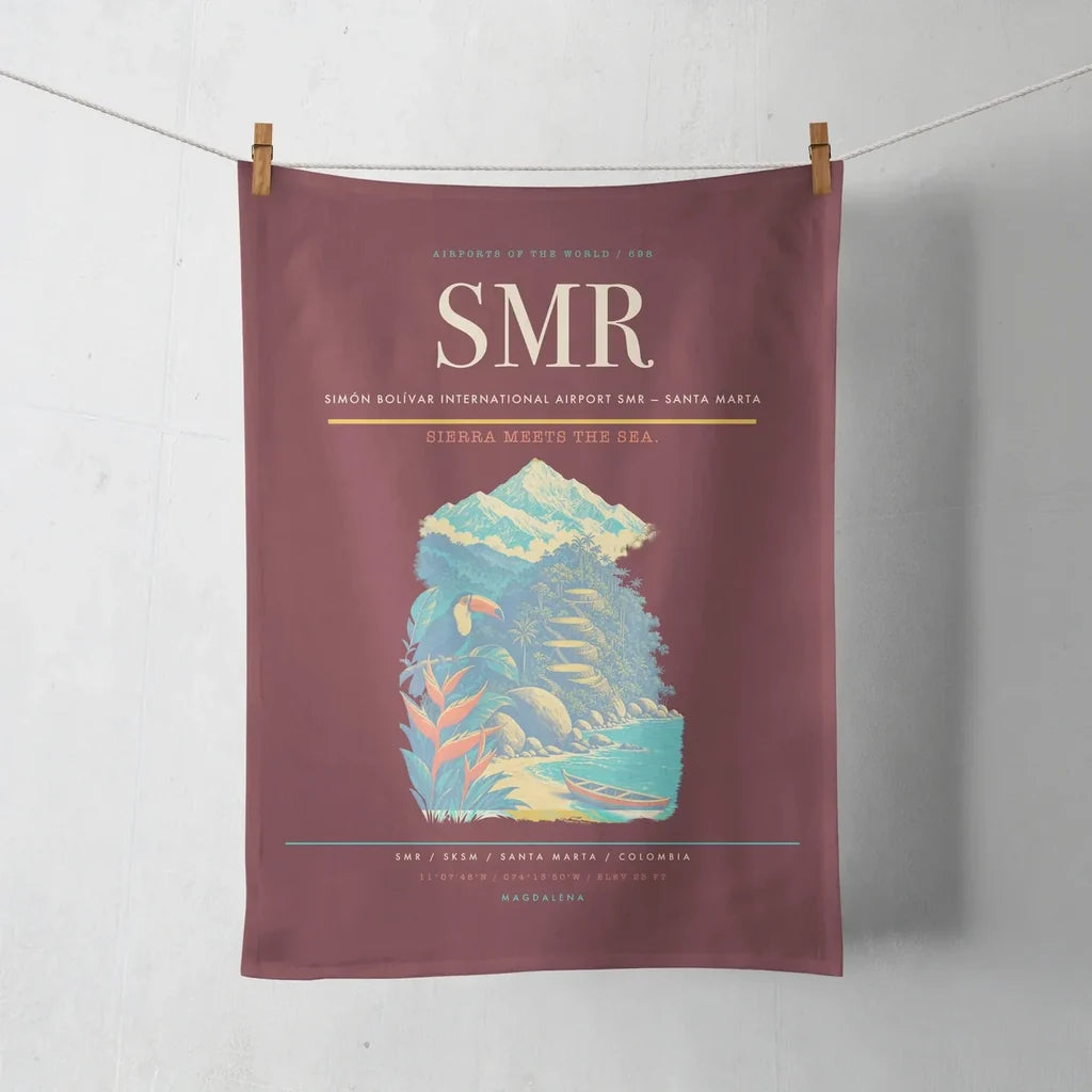 Simón Bolívar International Airport (SMR) design on dark red towel