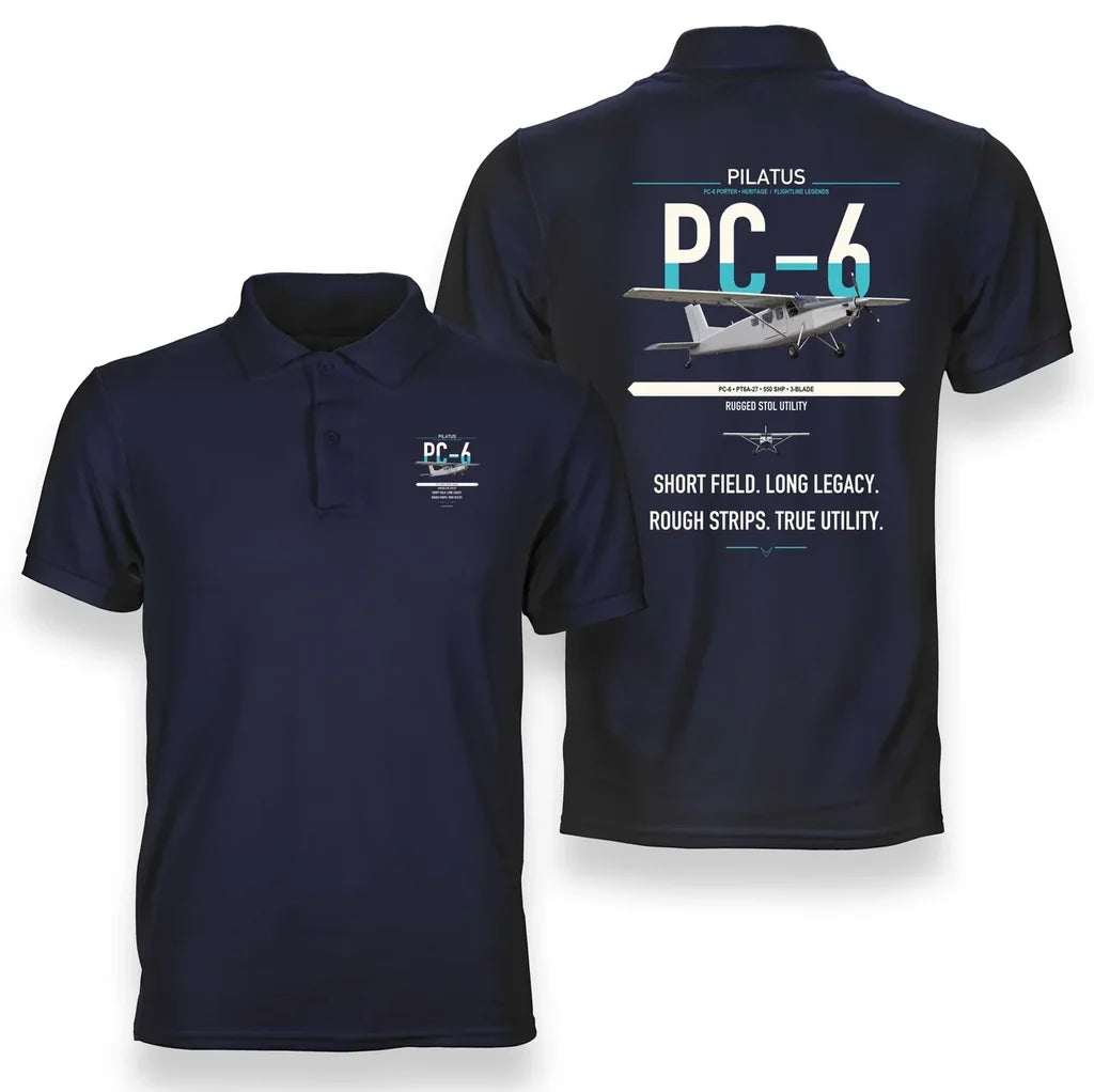 Pilatus PC-6 Porter design on navy blue double-side polo t-shirt, double-side print