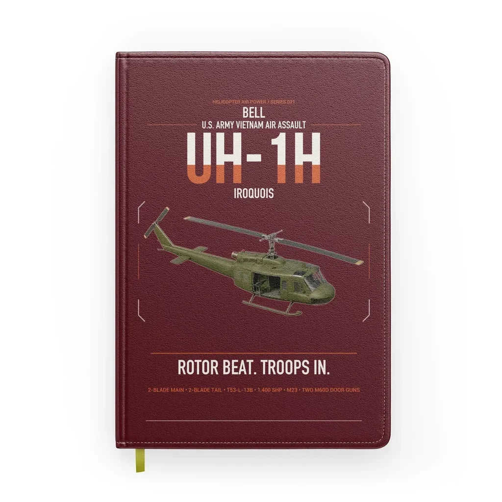 Bell UH-1H Iroquois design on dark red notebook
