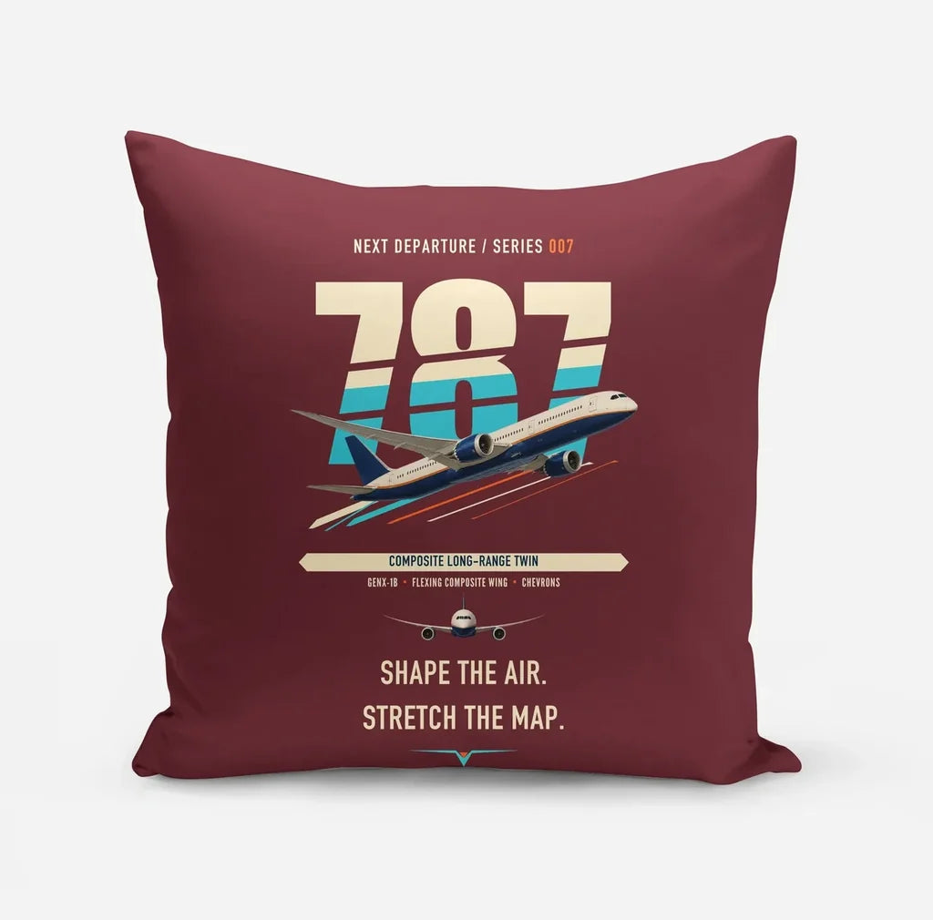 Boeing 787-9 Dreamliner design on dark red pillow