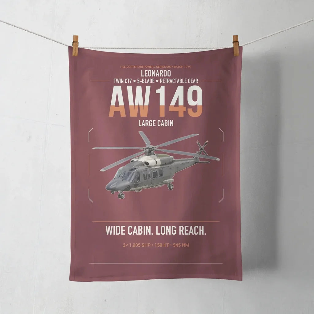 Leonardo AW149 design on dark red towel
