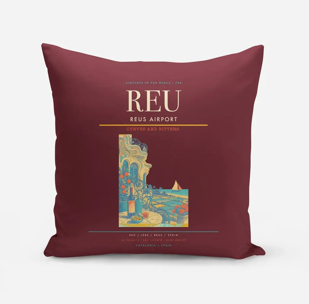 Reus Airport (REU) design on dark red pillow