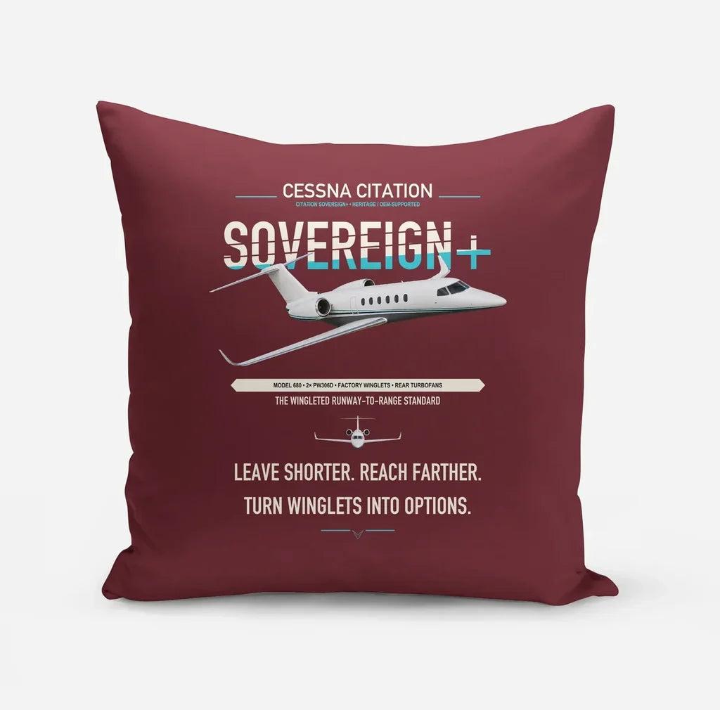 Cessna Citation Sovereign+ design on dark red pillow