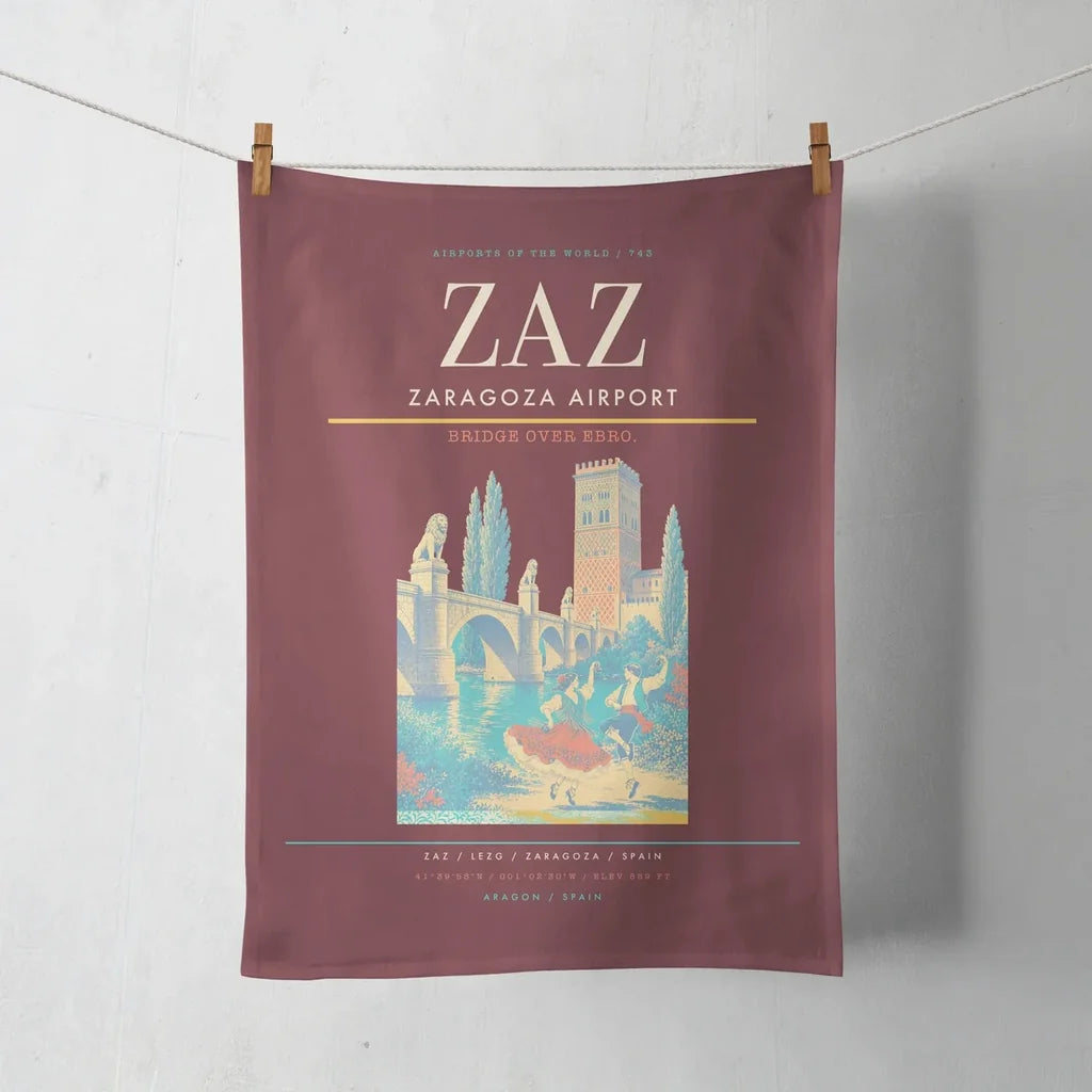 Zaragoza Airport (ZAZ) design on dark red towel