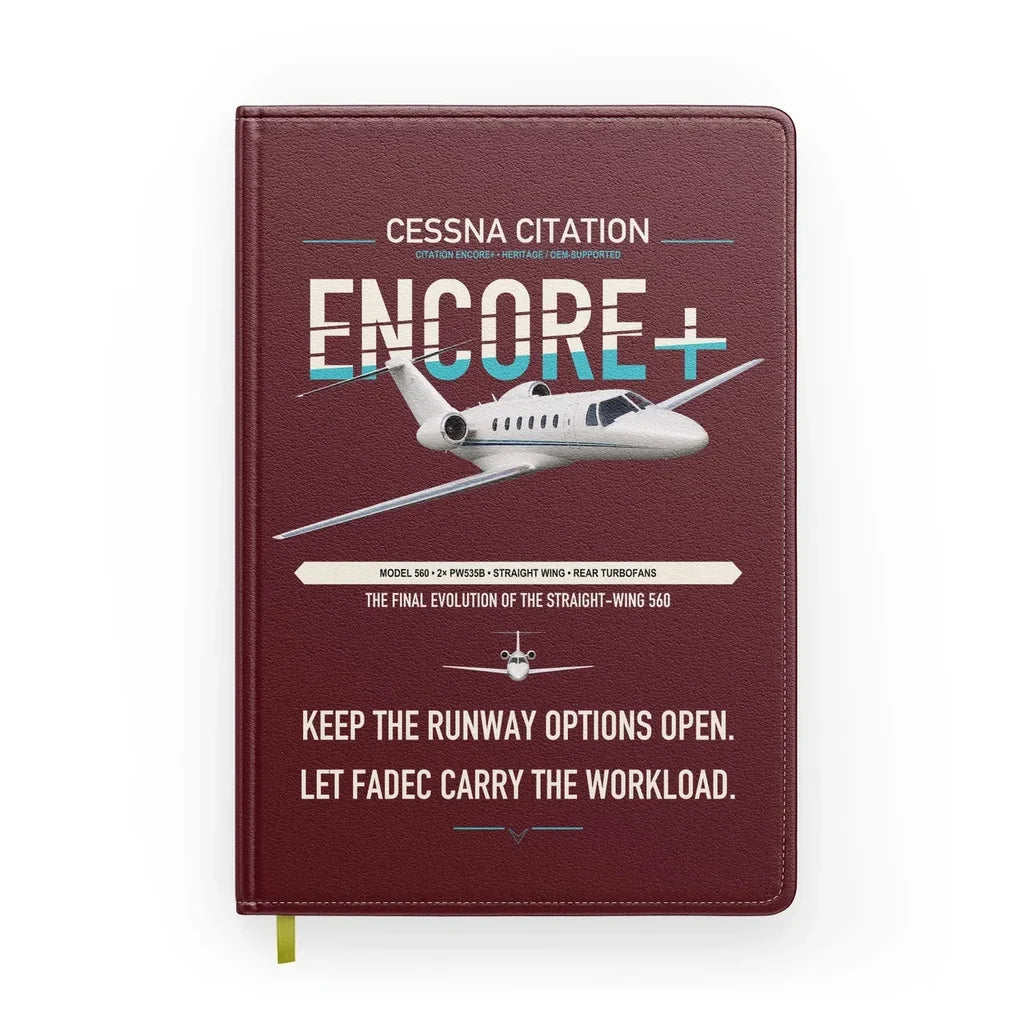 Cessna Citation Encore+ design on dark red notebook