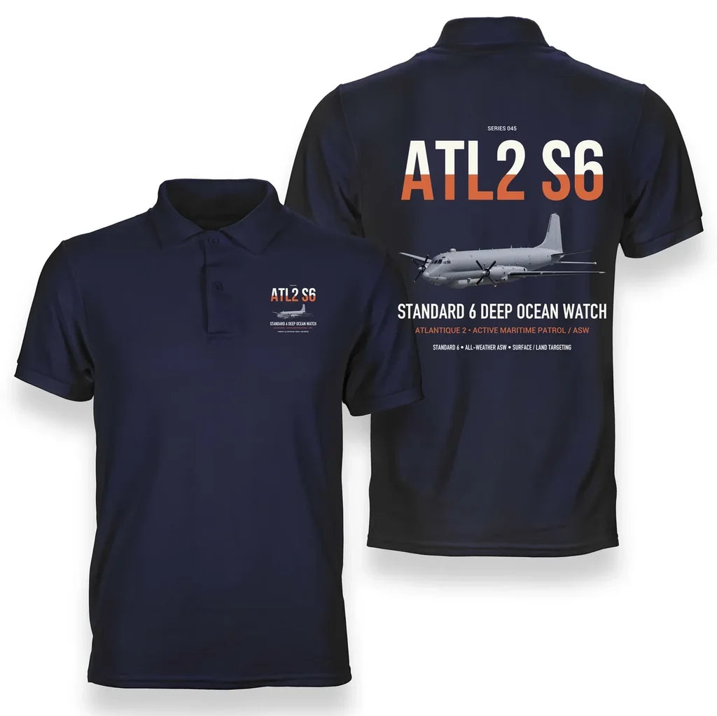 Atlantique 2 Standard 6 design on navy blue double-side polo t-shirt, double-side print