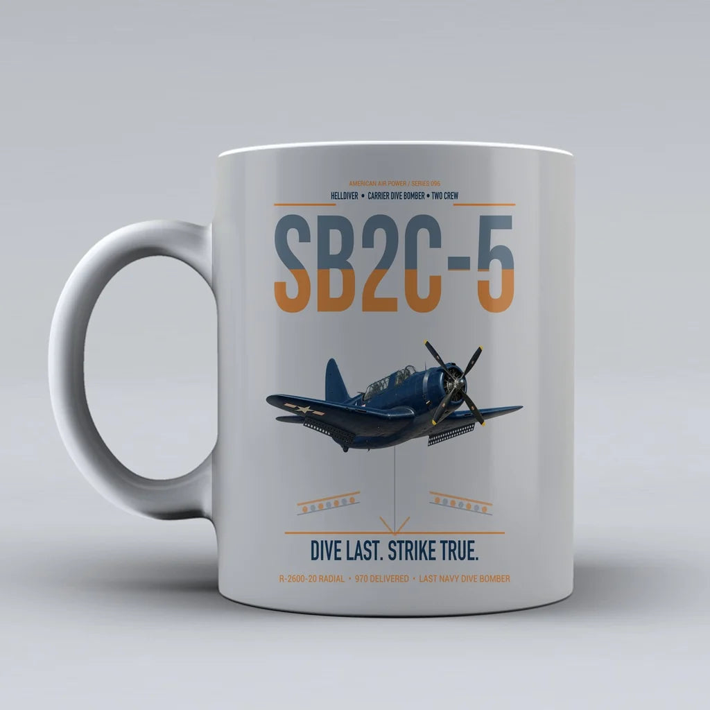 SB2C-5 Helldiver design on light gray ceramic mug, double-side print