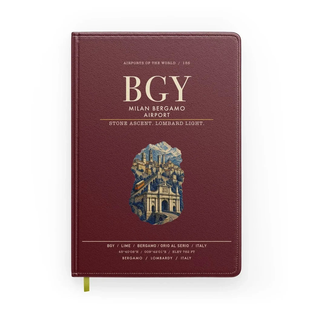 Milan Bergamo Airport (BGY) design on dark red notebook