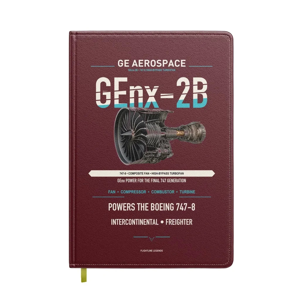 GEnx-2B design on dark red notebook