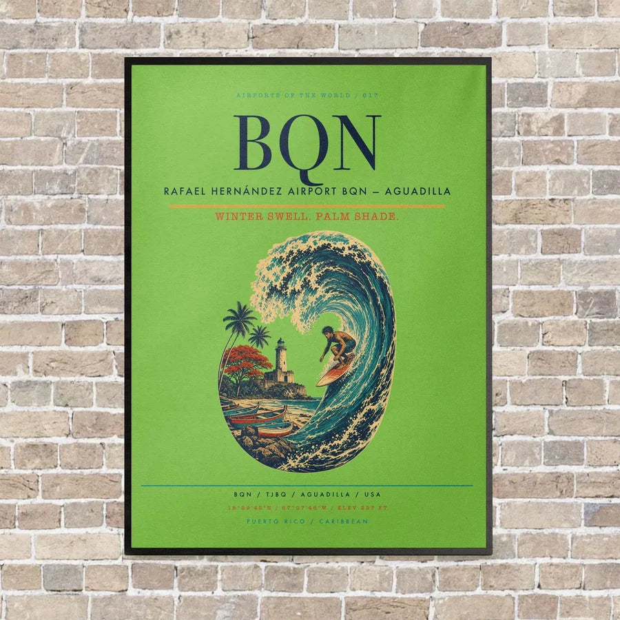 Rafael Hernández Airport BQN — Aguadilla vertical canvas print - framed - light green background