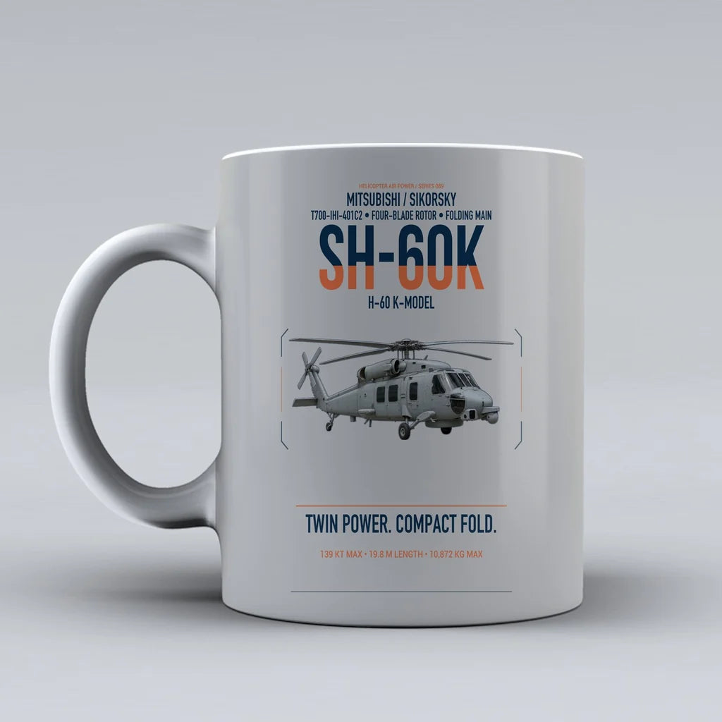 Mitsubishi Sikorsky SH-60K design on light gray ceramic mug, double-side print