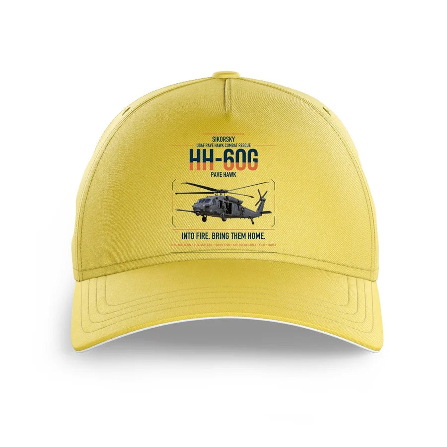 Sikorsky HH-60G Pave Hawk design on yellow printed hat