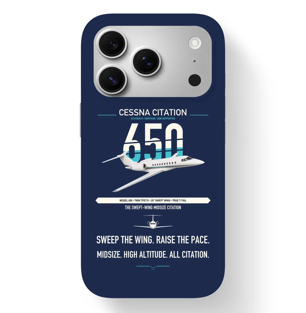 Cessna Citation 650 - Citation III design on navy blue magsafe iphone case, for iPhone 17 Pro