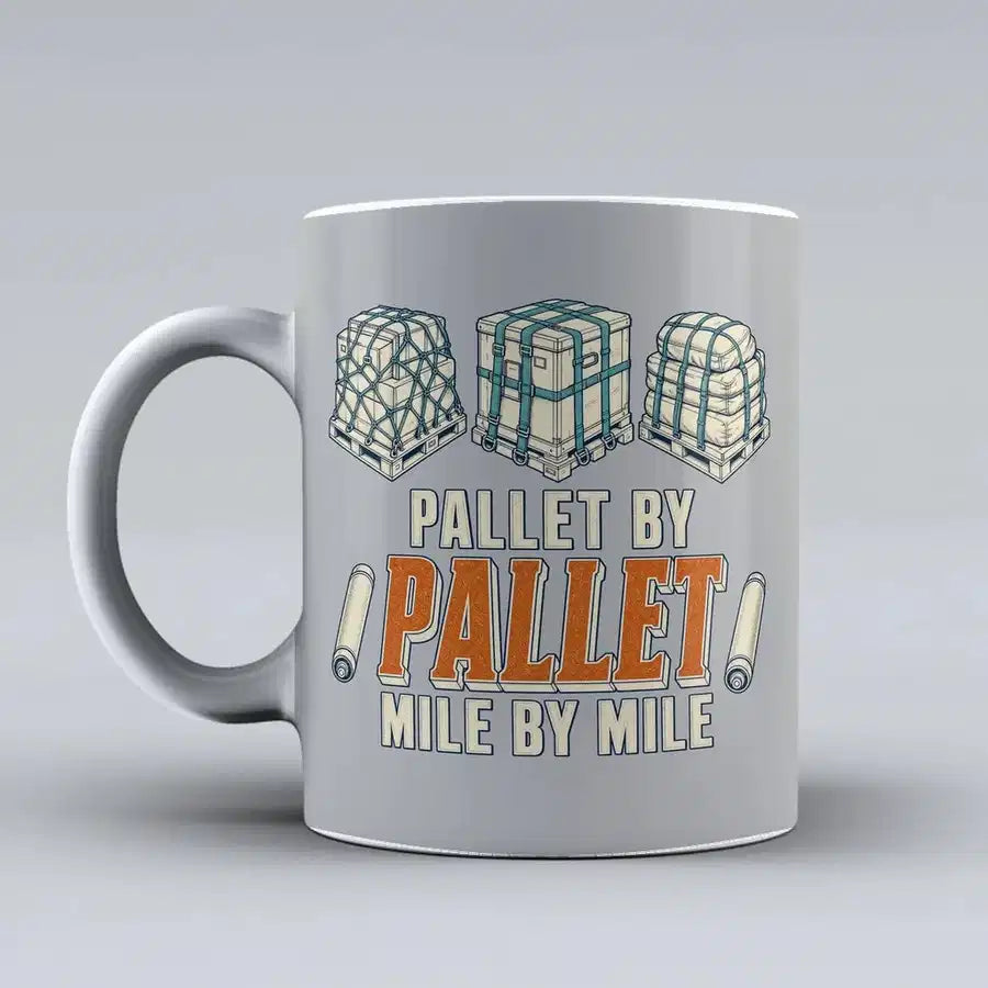 381 - Pallet By Pallet Mile By Mile - Mug design on light gray signal