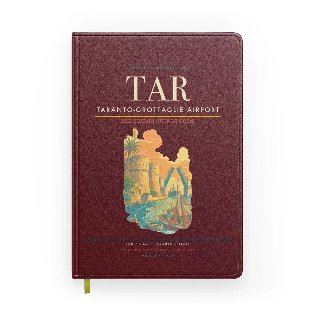 Taranto-Grottaglie Airport (TAR) design on dark red notebook
