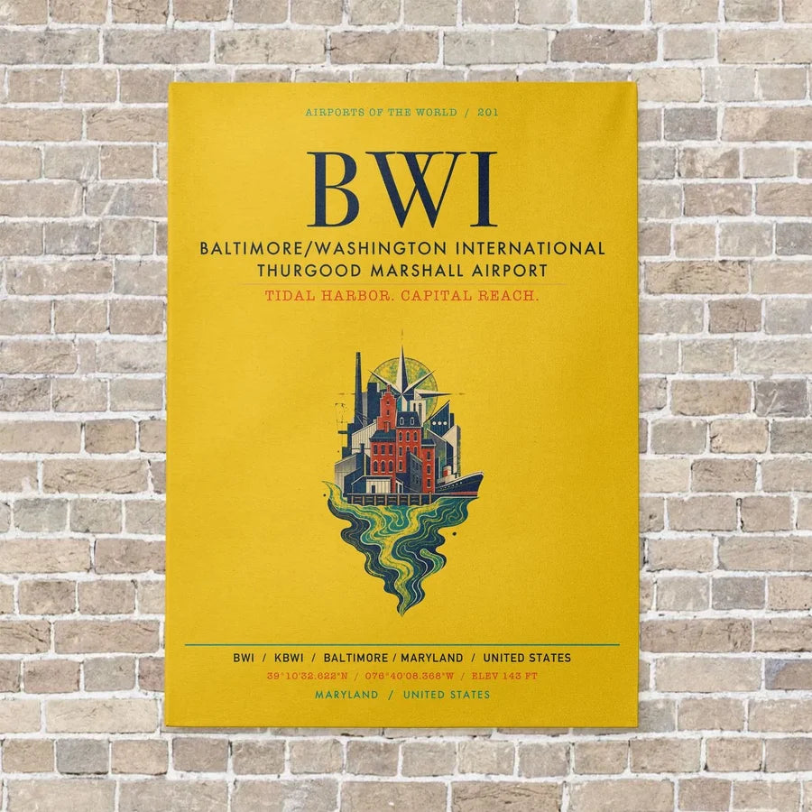 Baltimore-Washington International Thurgood Marshall Airport BWI vertical canvas print - no frame - yellow background