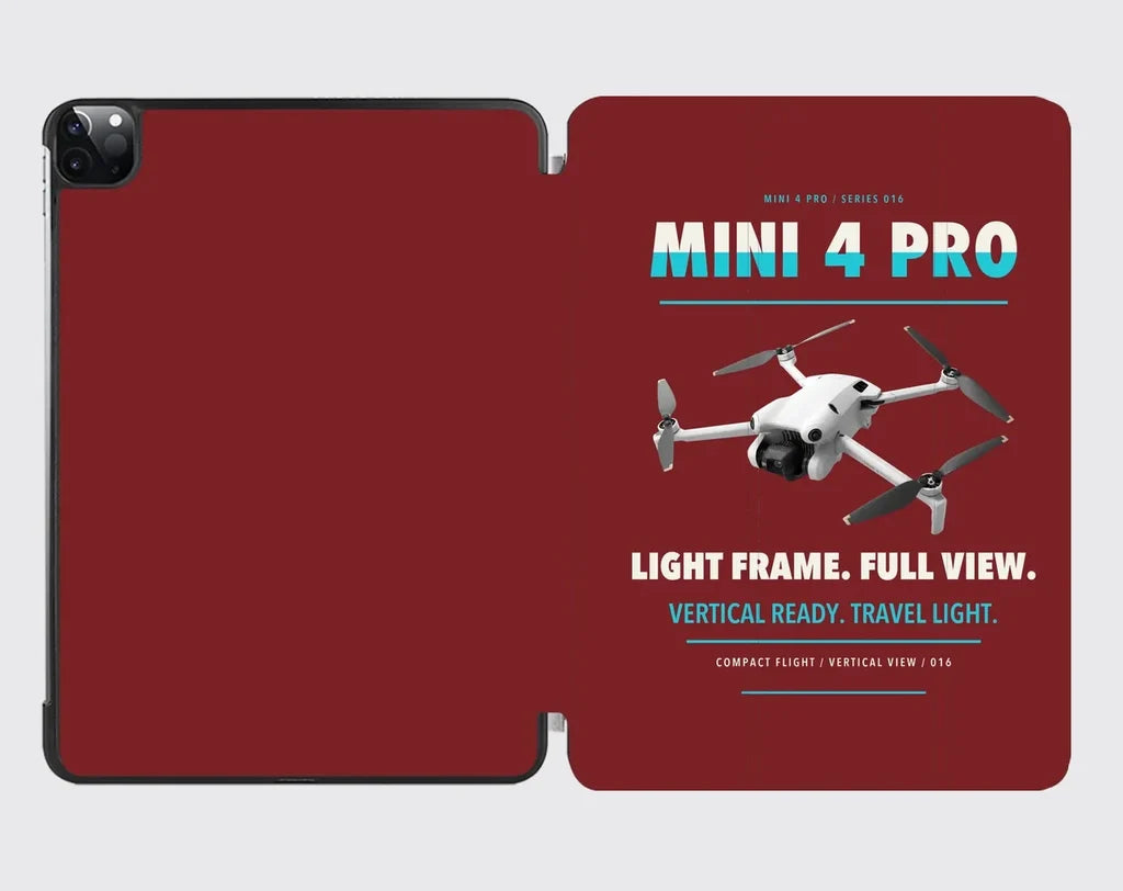 DJI Mini 4 Pro design on dark red ipad tablet case