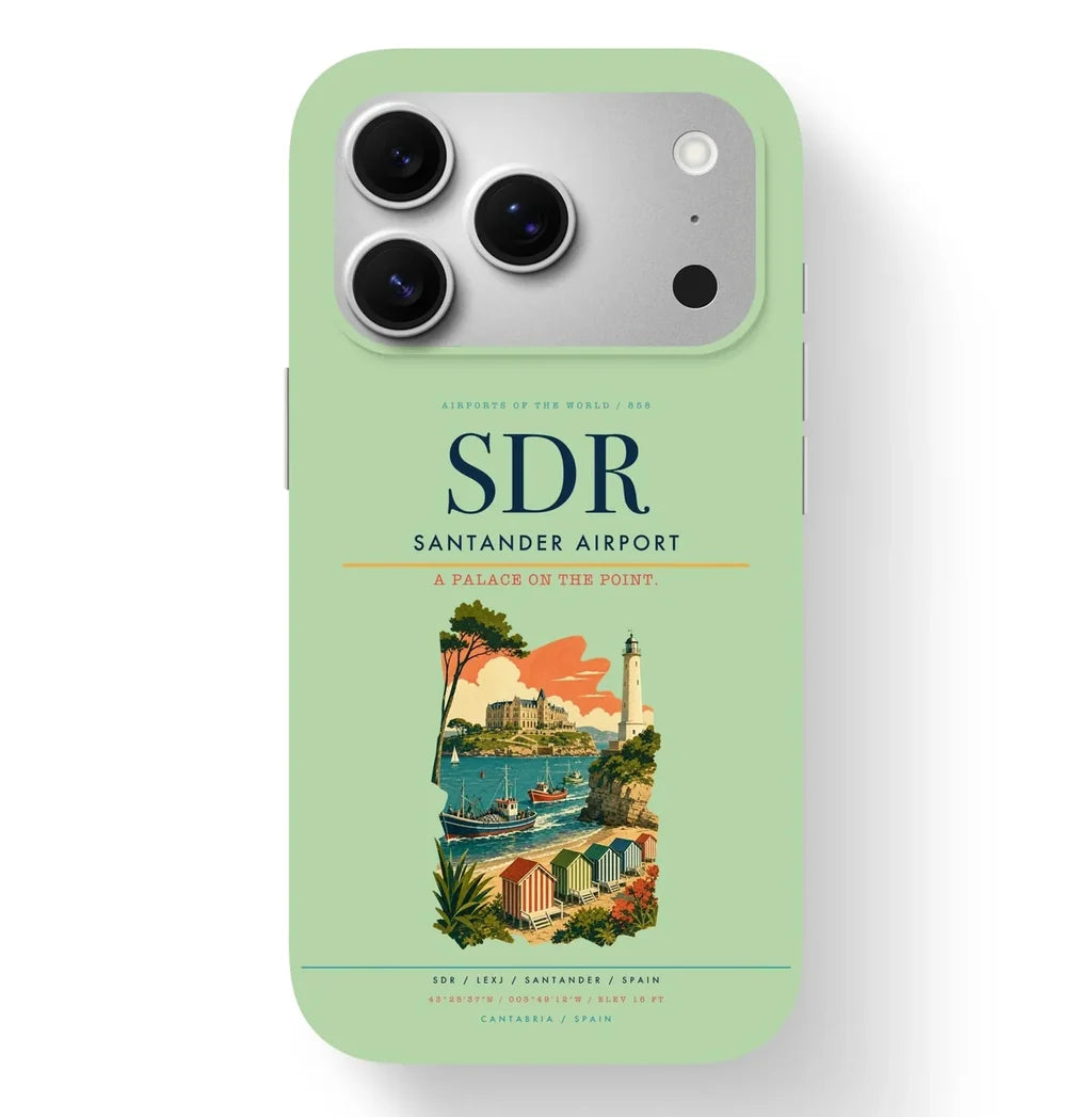 Santander Airport (SDR) design on light green iPhone 17 Pro MagSafe case