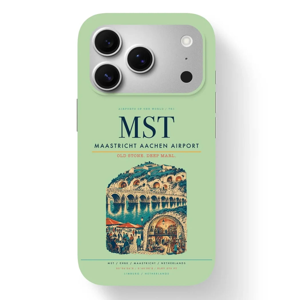 Maastricht Airport (MST) design on light green iPhone 17 Pro MagSafe case