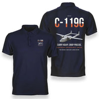 Thumbnail for C-119G Flying Boxcar design on navy blue double-side polo t-shirt, double-side print