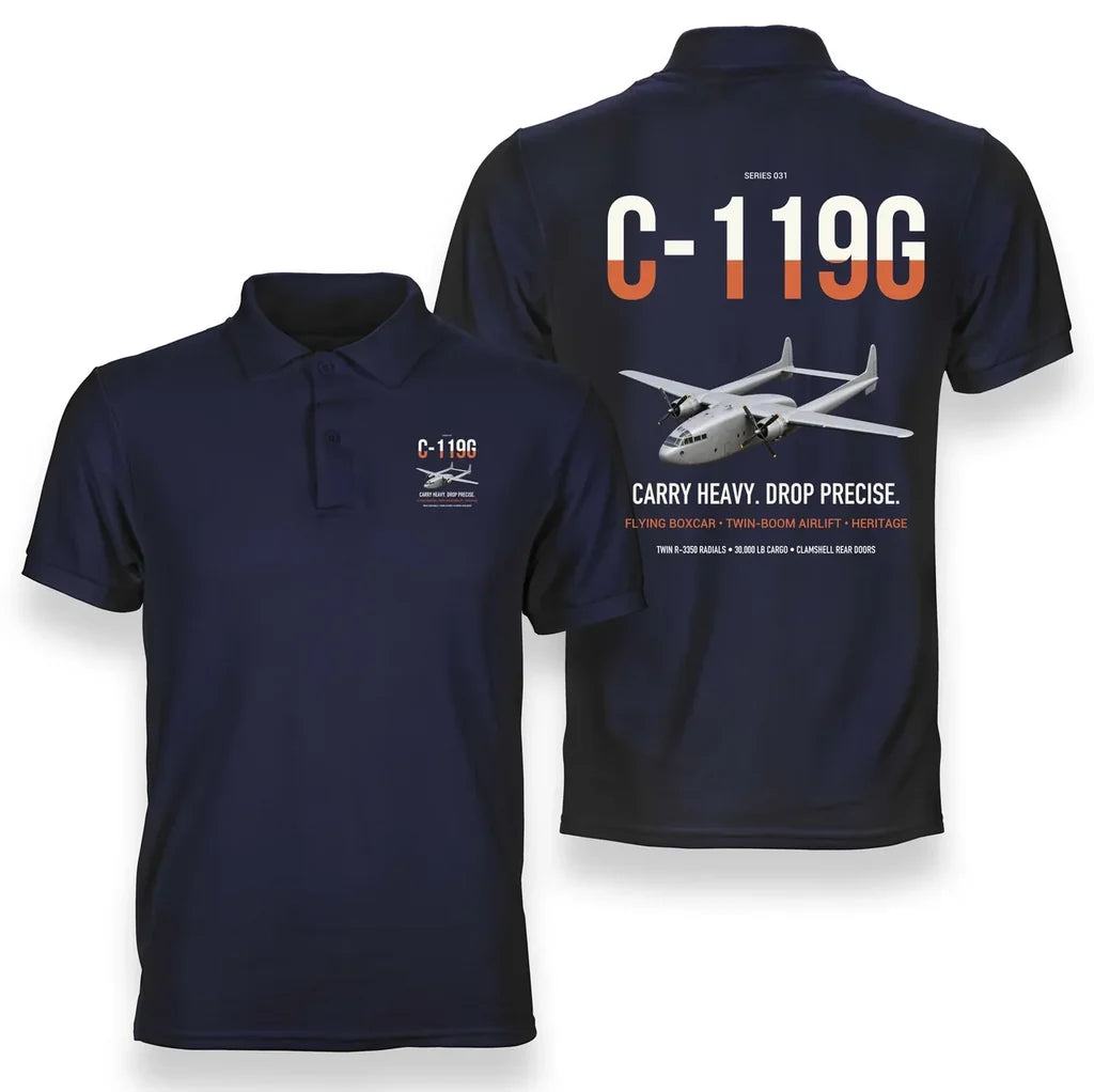 C-119G Flying Boxcar design on navy blue double-side polo t-shirt, double-side print