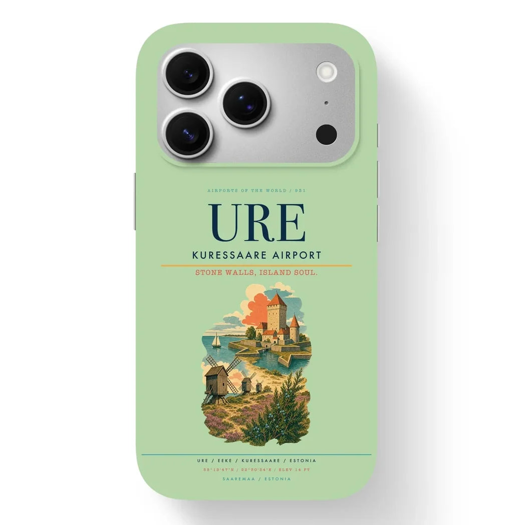 Kuressaare Airport (URE) design on light green iPhone 17 Pro MagSafe case