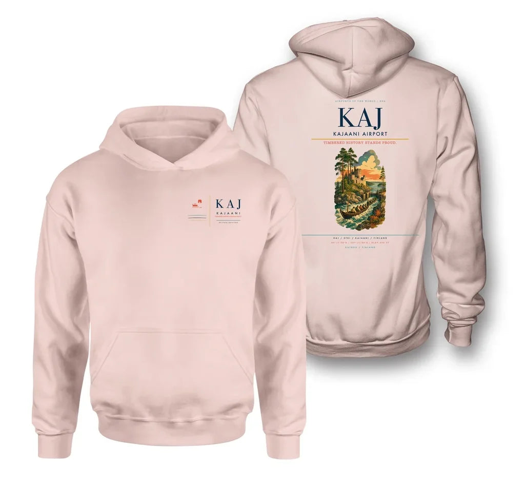 Kajaani Airport (KAJ) design on pink double-side hoodie