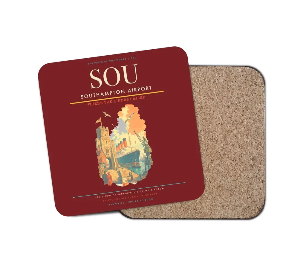 Southampton Airport (SOU) design on dark red 1 piece coaster