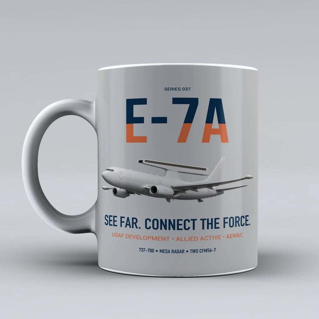 E-7A Wedgetail design on light gray ceramic mug, double-side print