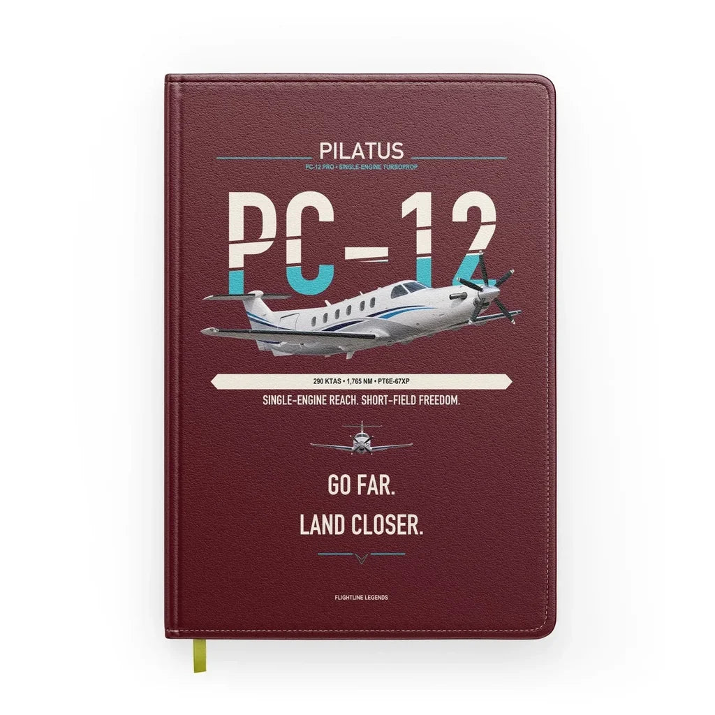Pilatus PC-12 PRO design on dark red notebook