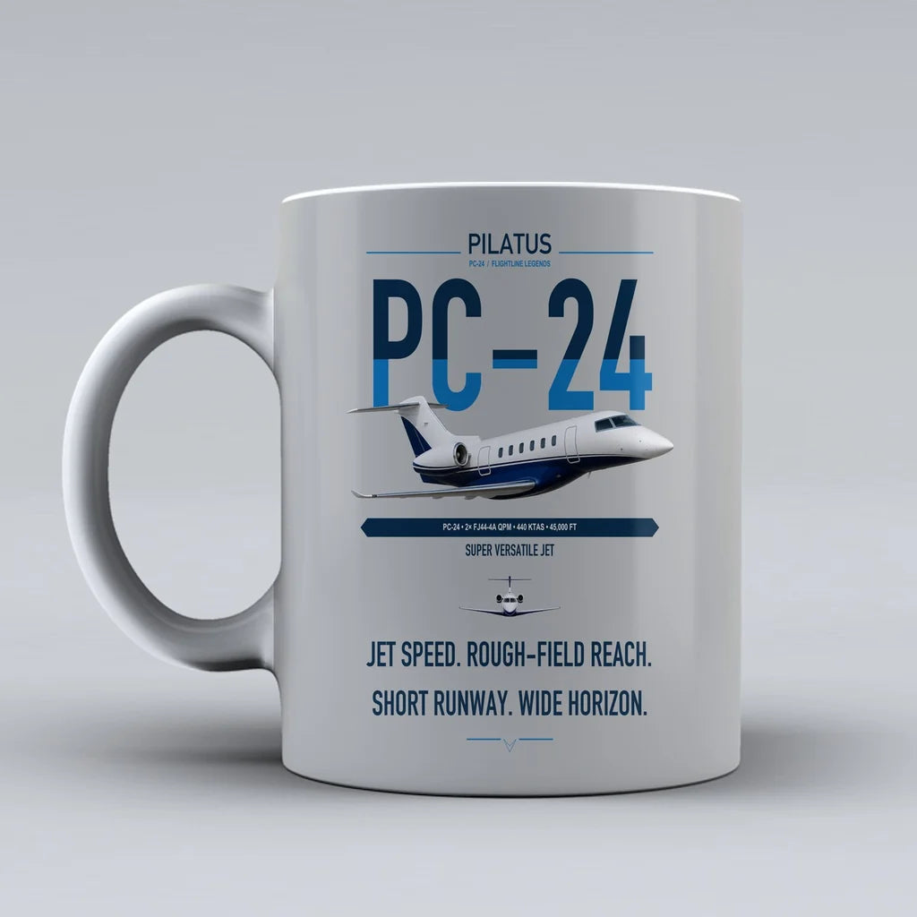 Pilatus PC-24 design on light gray ceramic mug, double-side print