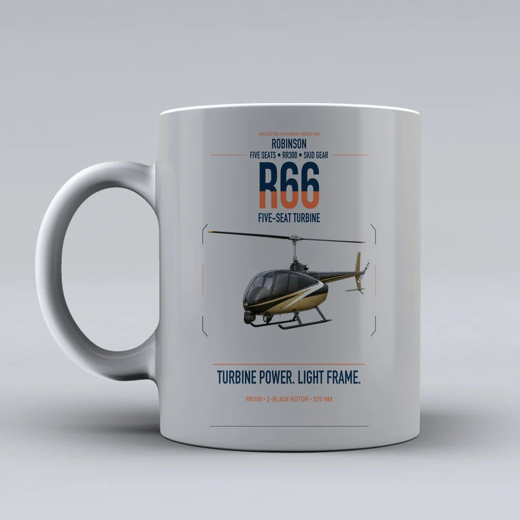 Robinson R66 design on light gray ceramic mug, double-side print