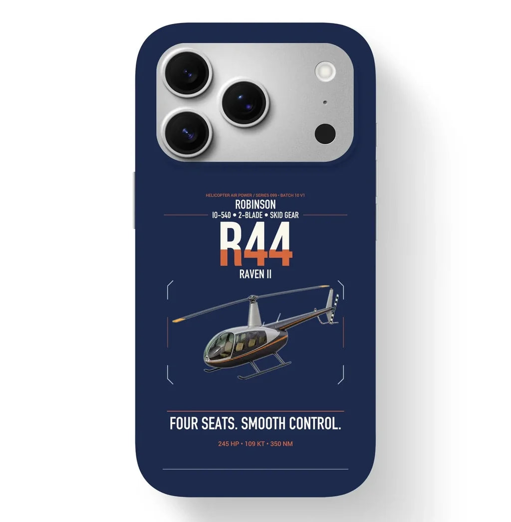 Robinson R44 Raven II design on navy blue magsafe iphone case, for iPhone 17 Pro