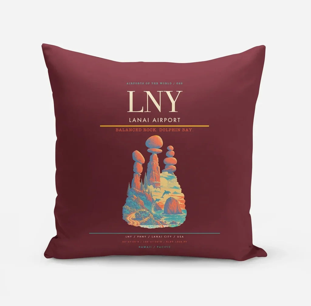 Lanai Airport (LNY) design on dark red pillow