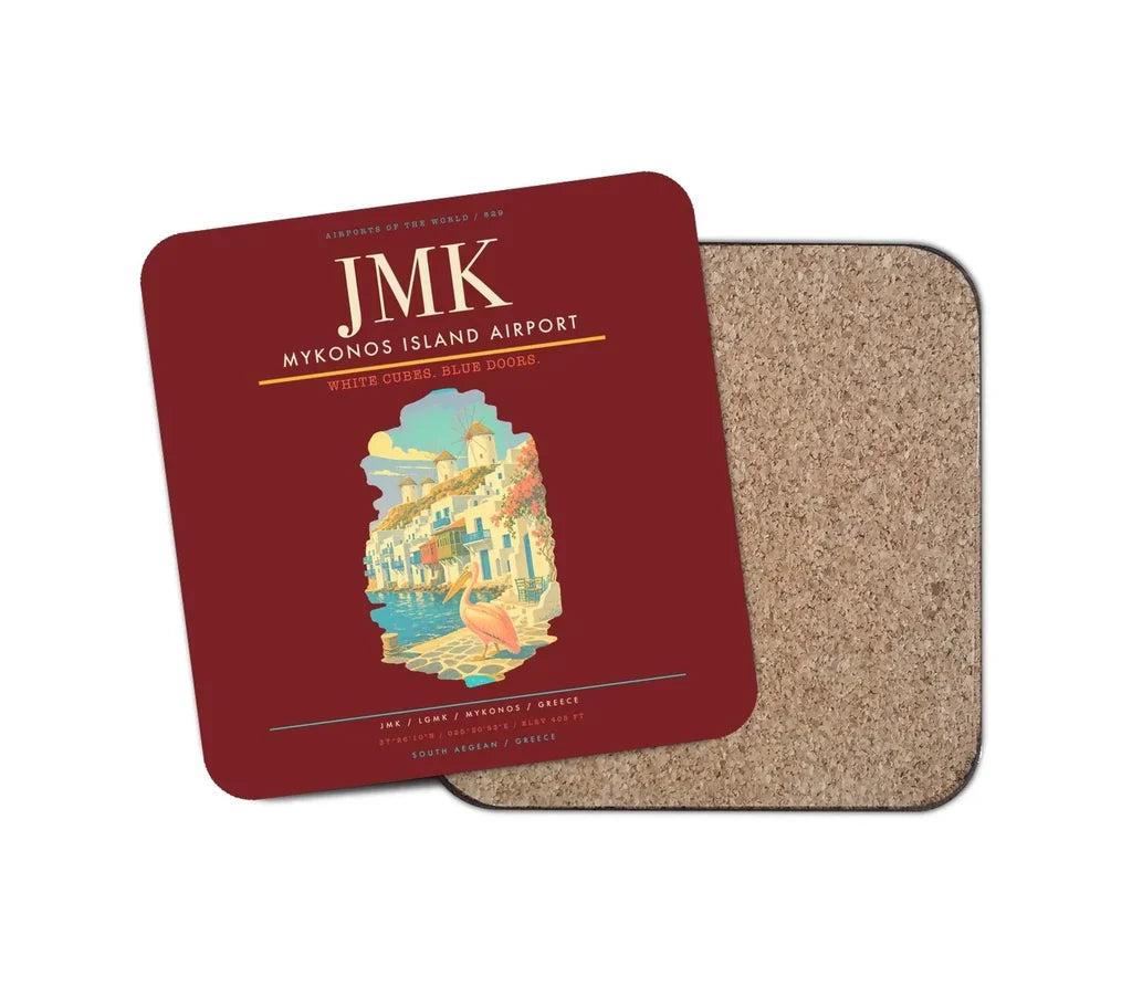 Mykonos Island Airport (JMK) design on dark red 1 piece coaster
