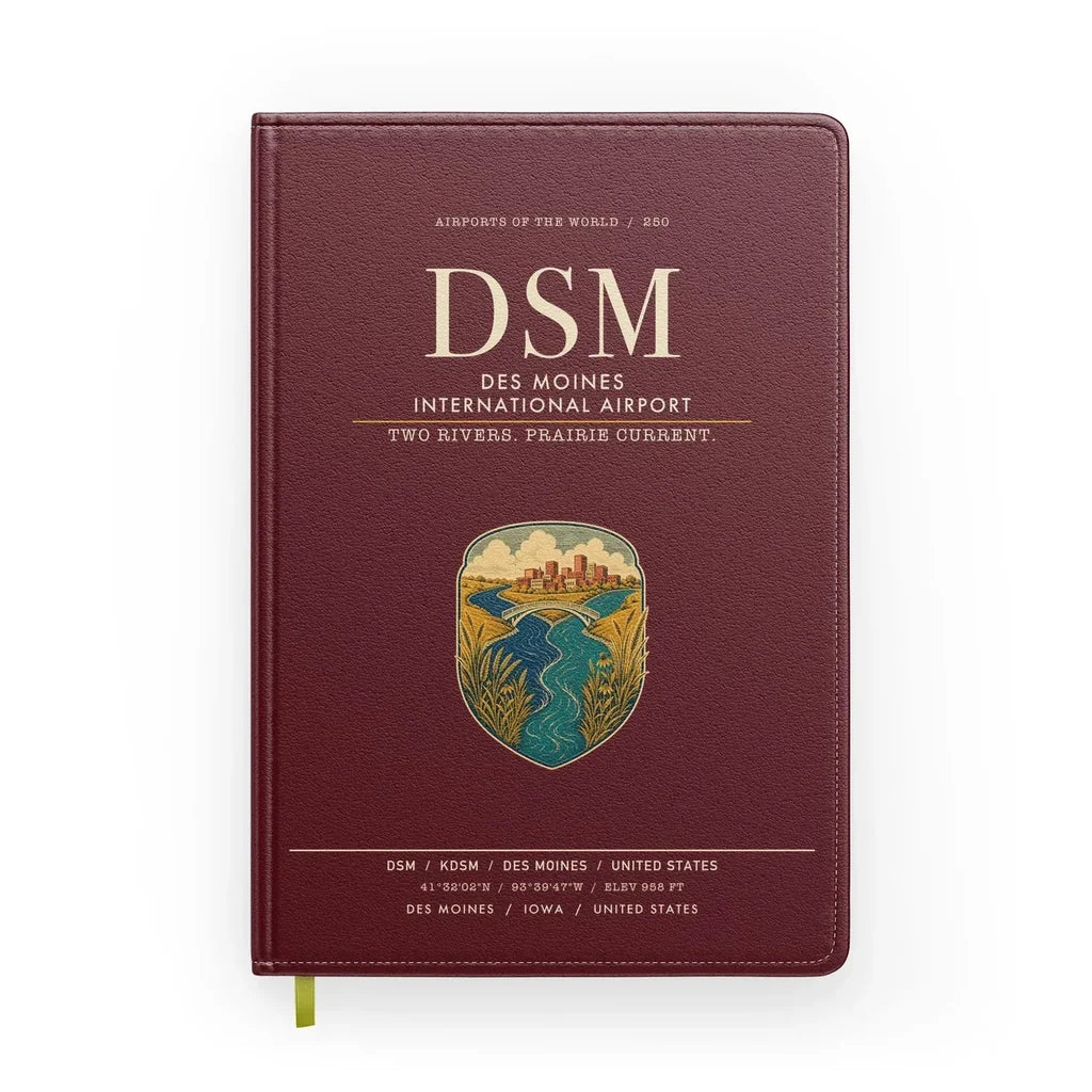 Des Moines International Airport (DSM) design on dark red notebook