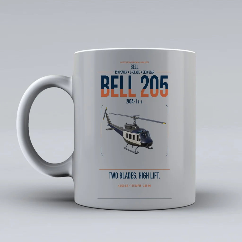 Bell 205A-1++ design on light gray ceramic mug, double-side print