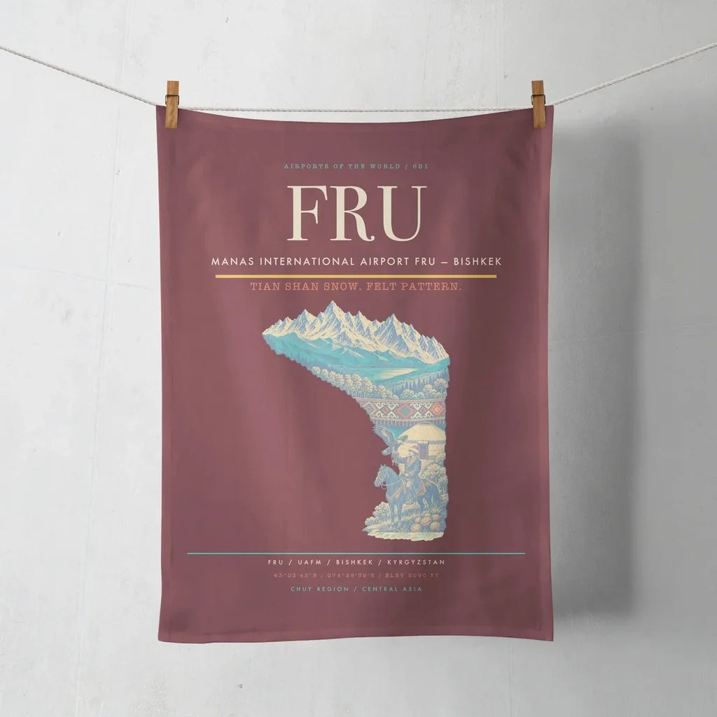 Manas International Airport (FRU) design on dark red towel